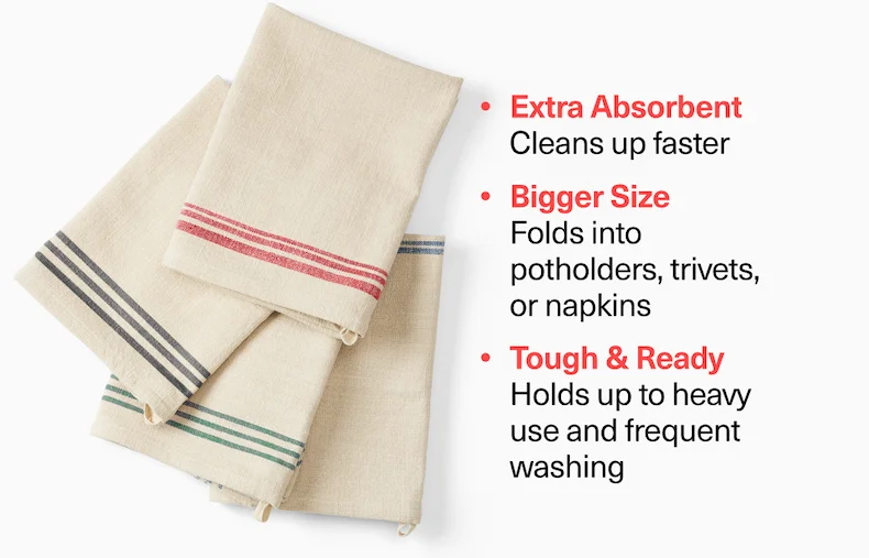 Extra Absorbent - Cleans up faster | Bigger Size: Folds into potholders, trivets, or napkins&nbsp;| Tough & Ready: Holds up to heavy use and frequent washing