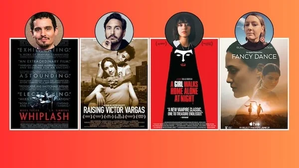 Damien Chazelle headshot on top of a Whiplash poster. Peter Sollet headshot on top of a Raising Victor Vargas poster. Ana Lily Amirpour headshot over A Girl Walks Home Alone at Night poster. Erica Tremblay headshot over a Fancy Dance poster.