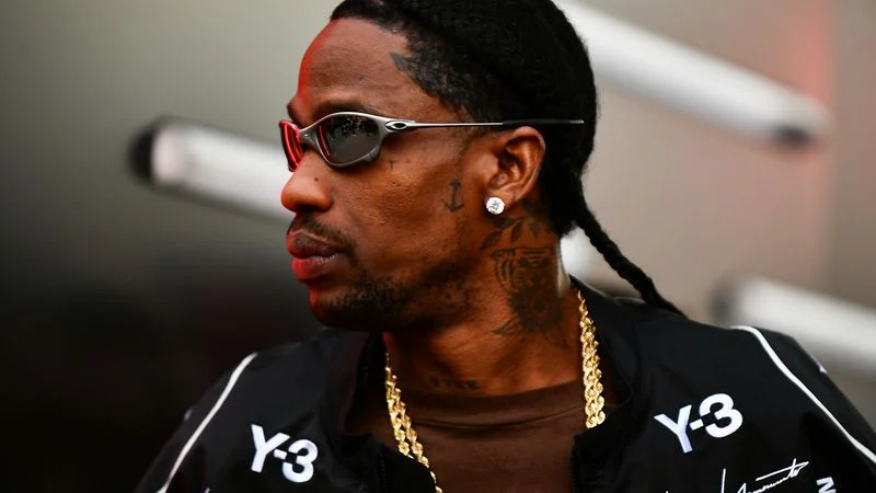 LAS VEGAS, NEVADA - NOVEMBER 22: Travis Scott arrives in the Paddock prior to the F1 Grand Prix of Las Vegas at Las Vegas Strip Circuit on November 22, 2025 in Las Vegas, Nevada. (Photo by James Sutton - Formula 1/Formula 1 via Getty Images)