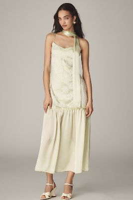 By Anthropologie Sleeveless Embroidered Drop-Waist Midi Dress with Scarf