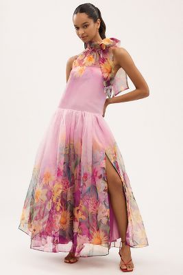 BHLDN Kendall High-Neck Scarf Floral Organza Maxi Dress