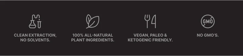 CLEAN EXTRACTION, NO SOLVENTS | 100% ALL-NATURAL PLANT INGREDIENTS. | VEGAN, PALEO & KETOGENIC FRIENDLY. | NO GMO'S.