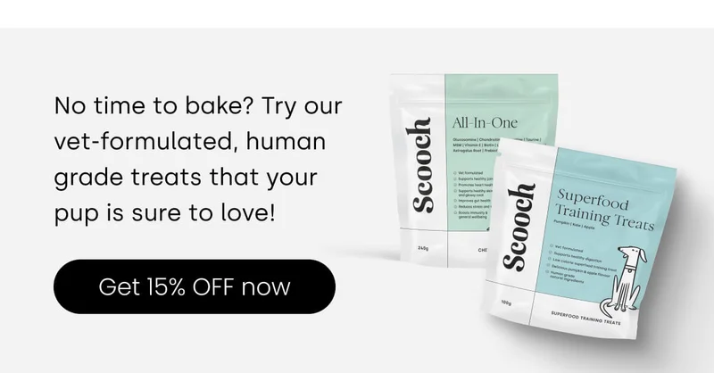 No time to bake? Try our vet-formulated, human grade treats that your pup is sure to love! - Get 15% off now