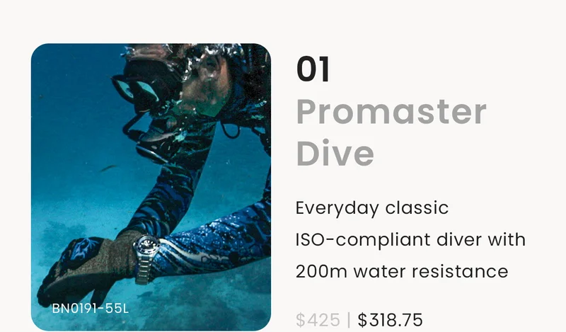 01Promaster Dive: Everyday classic ISO-compliant diver with 200m water resistance. $425 | $318.75