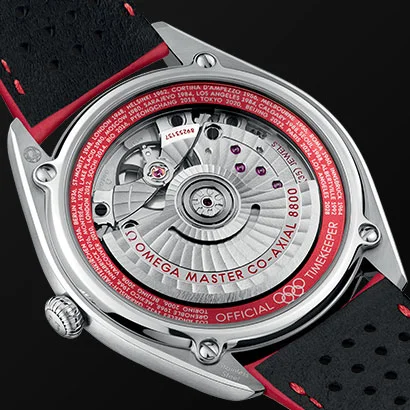 Back of the SEAMASTER
OLYMPIC OFFICIAL TIMEKEEPER with red leather strap