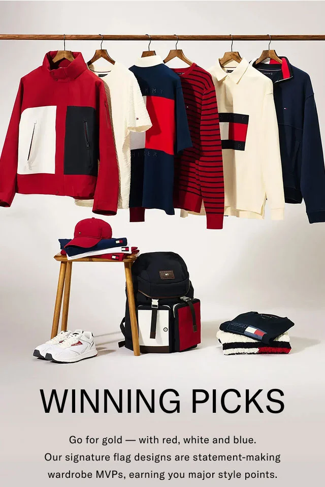 Winning picks Gor for gold - with red, white and blue. Our sugnature flag designs are statement-making wardrobe MVP's, earning oyu major style points.