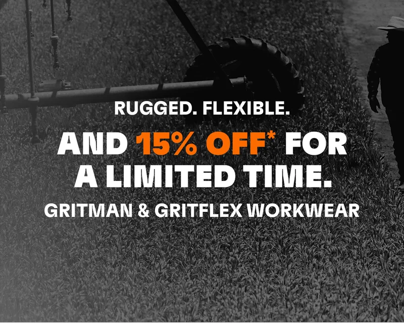 Rugged. Flexible. And 15% off* for a limited time. Gritman & Gritflex workwear.