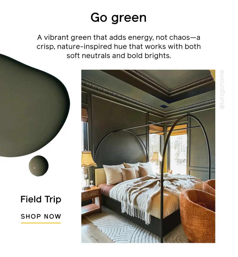 Go green. A vibrant green that adds energy, not chaos—a crisp, nature-inspired hue that works with both soft neutrals and bold brights. Field Trip SHOP NOW