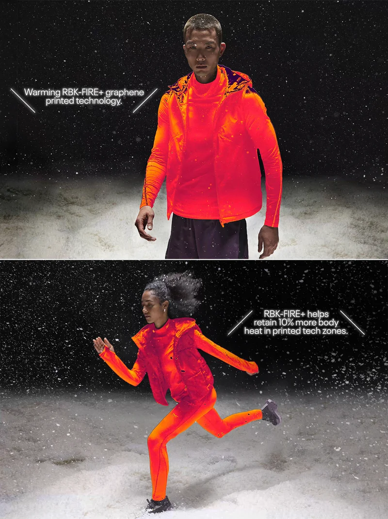Warming RBK-FIRE+ graphene printed technology. | RBK-FIRE+ helps retain 10% more body heat in printed tech zones.