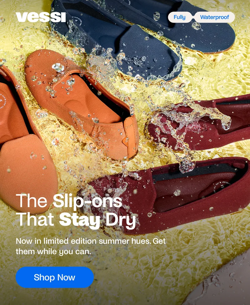 Vessi. Fully Waterproof. The Slip-ons  That Stay Dry.  Summer couldn’t be comfier in the easy to wear Market Flat and Boardwalk. Shop Now.
