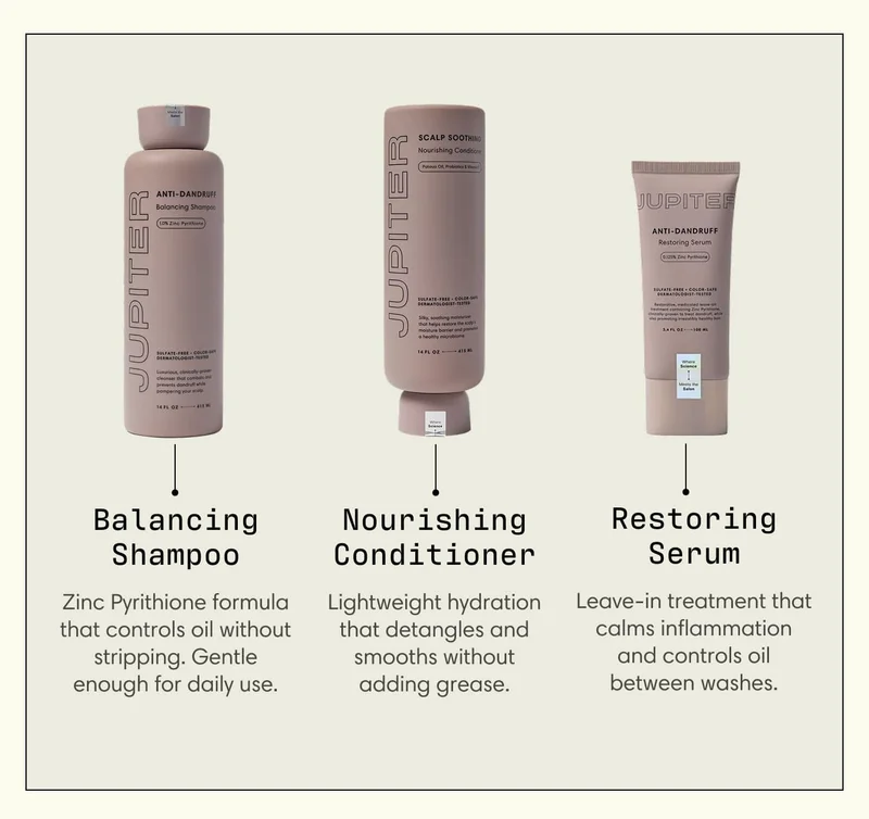 Balancing Shampoo Zinc Pyrithione formula that controls oil without stripping. Gentle enough for daily use. |  Nourishing Conditioner Lightweight hydration that detangles and smooths without adding grease. |  Restoring Serum Leave-in treatment that calms inflammation and controls oil between washes.