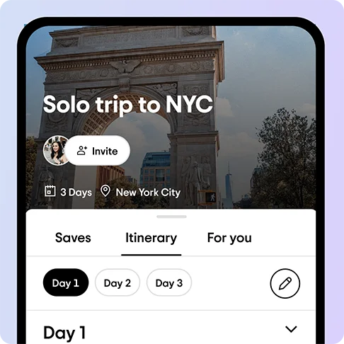 Image Description: A phone screen shows an itinerary for a solo trip to NYC organized by day.