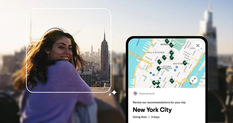 Image Description: Woman smiling on top of a roof with a city skyline behind her. A frame brings her into focus while the background is slightly blurred. A phone screen shows a map with pin icons and a headline that reads: New York City. Underneath, it reads: Going solo, 3 days.