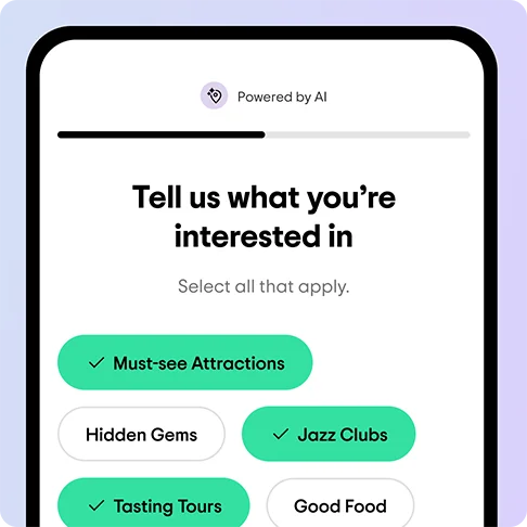 Image Description: A phone screen asks ‘Tell us what you’re interested in’ with options like must-see attractions and jazz clubs.
