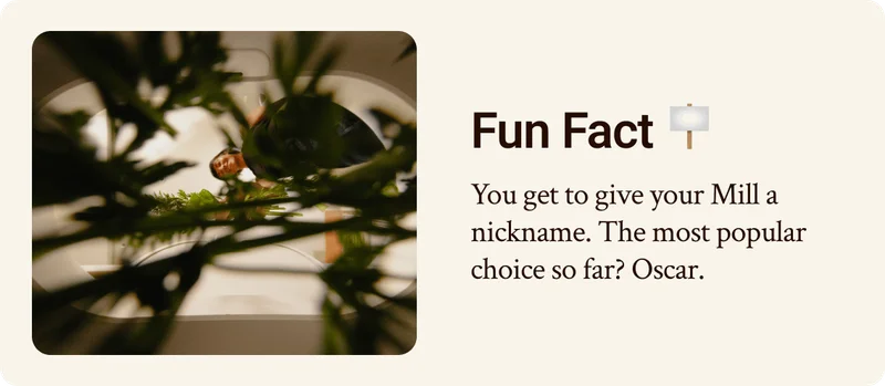 Fun Fact: You can give your Mill a nickname. The most popular choice so far? Oscar.