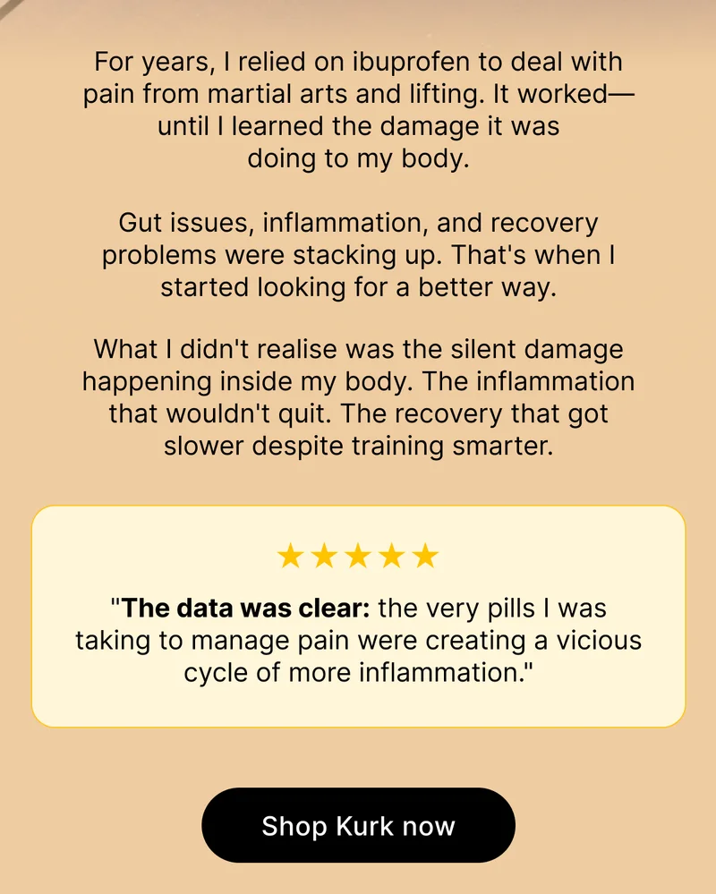 For years, I relied on ibuprofen to deal with pain from martial arts and lifting. It worked—until I learned the damage it was doing to my body. Gut issues, inflammation, and recovery problems were stacking up. That's when I started looking for a better way. What I didn't realise was the silent damage happening inside my body. The inflammation that wouldn't quit. The recovery that got slower despite training smarter. "The data was clear: the very pills I was taking to manage pain were creating a vicious cycle of more inflammation." | SHOP KURK NOW