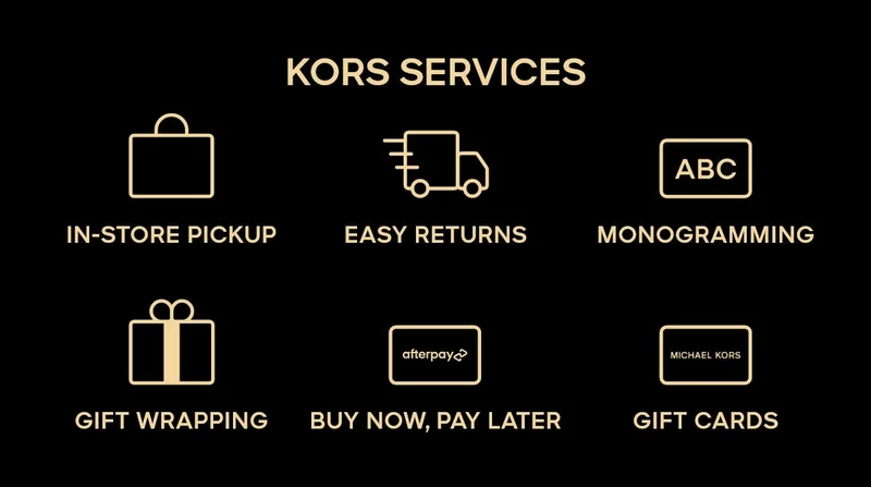 KORS SERVICES IN-STORE PICKUP EAST RETURNS MONOGRAMMING GIFT WRAPPING BUY NOW, PAY LATER GIFT CARDS