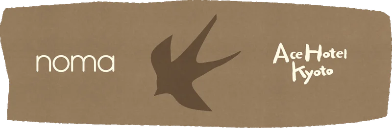 Stylized footer for NOMA at Ace Hotel Kyoto, featuring the brands' logos and a silhouette of a bird in flight, symbolizing the elegant and unique dining experience offered.