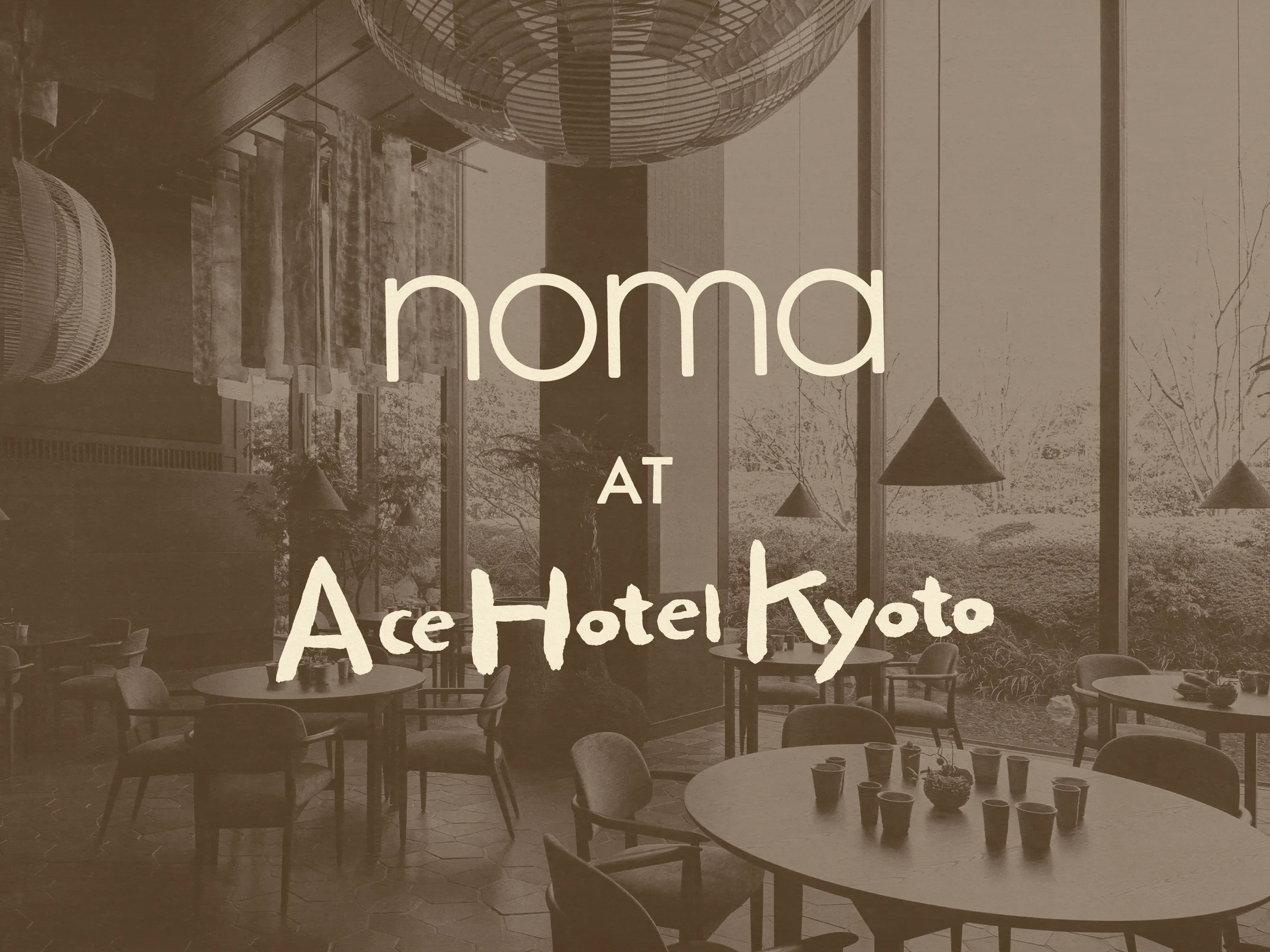 A rotating glimpse into NOMA at Ace Hotel Kyoto showcases elegant tables with bespoke ceramics and cutlery, set against a warmly lit, nature-inspired interior that captures Kyoto’s serene aesthetic.