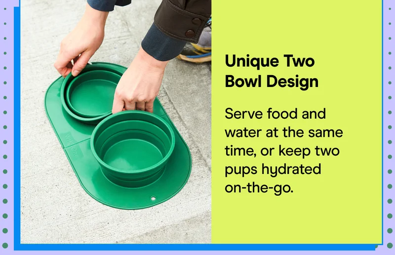 Unique Two Bowl Design Serve food and water at the same time, or keep two pups hydrated on-the-go.