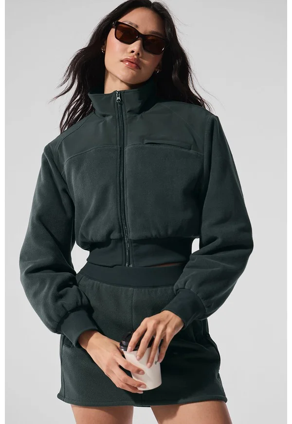 Polar Fleece Cropped Wintry Mix Jacket - Charcoal Green - Charcoal Green / L