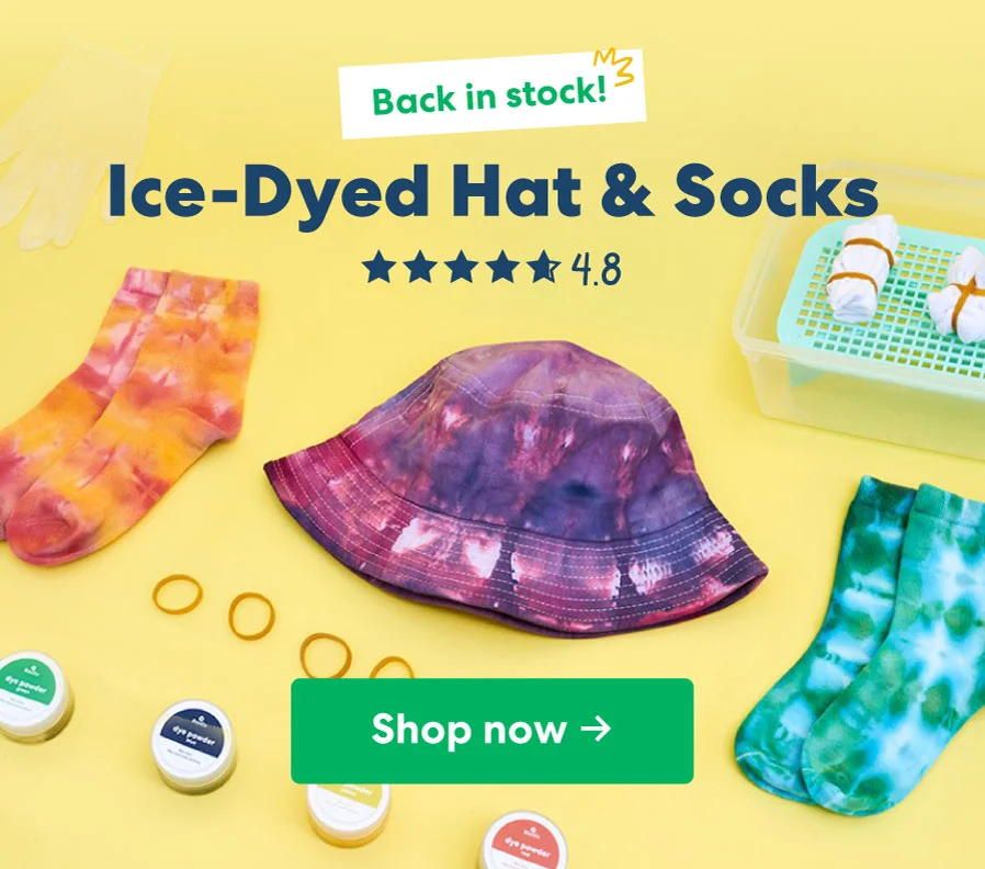 Product image featuring Ice-Dyed Hat & Socks kit, rated 4.8 stars by customers.