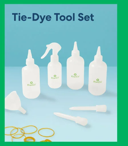 Tie-Dye Tool Set – A complete set of bottles, gloves, and rubber bands for dyeing.