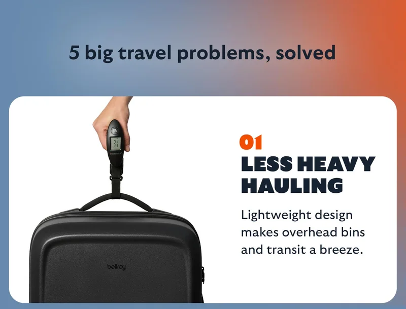 Travel problems, solved. [Header] Less heavy hauling [Blurb] Lightweight design makes overhead bins and transit a breeze.