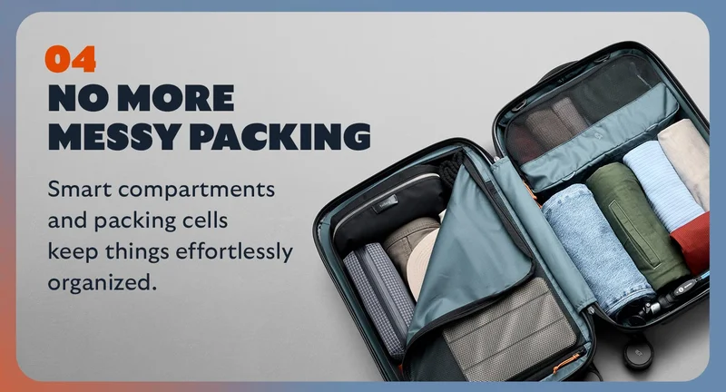 [Header] No more messy packing [Blurb] Smart compartments and packing cells keep things effortlessly organized.