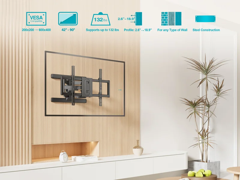 Premium Full Motion TV Wall Mount Bracket for 42" to 90" TVs up to 132lbs, Max VESA 600x400
