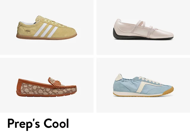 A yellow adidas sneaker, pink PUMA ballet sneaker, logo-printed COACH driving loafer and blue Dolce Vita sneaker.