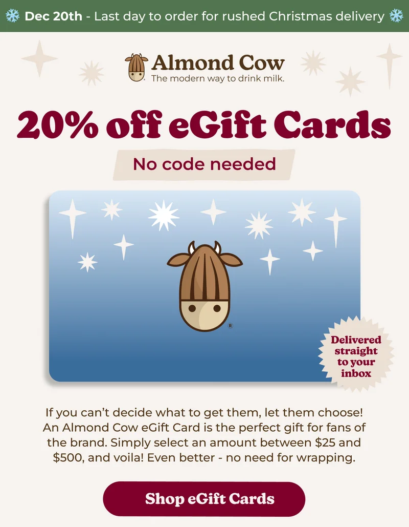 20% off eGift cards. No code needed. Select an amount between $25 and $500. [Shop eGift Cards]