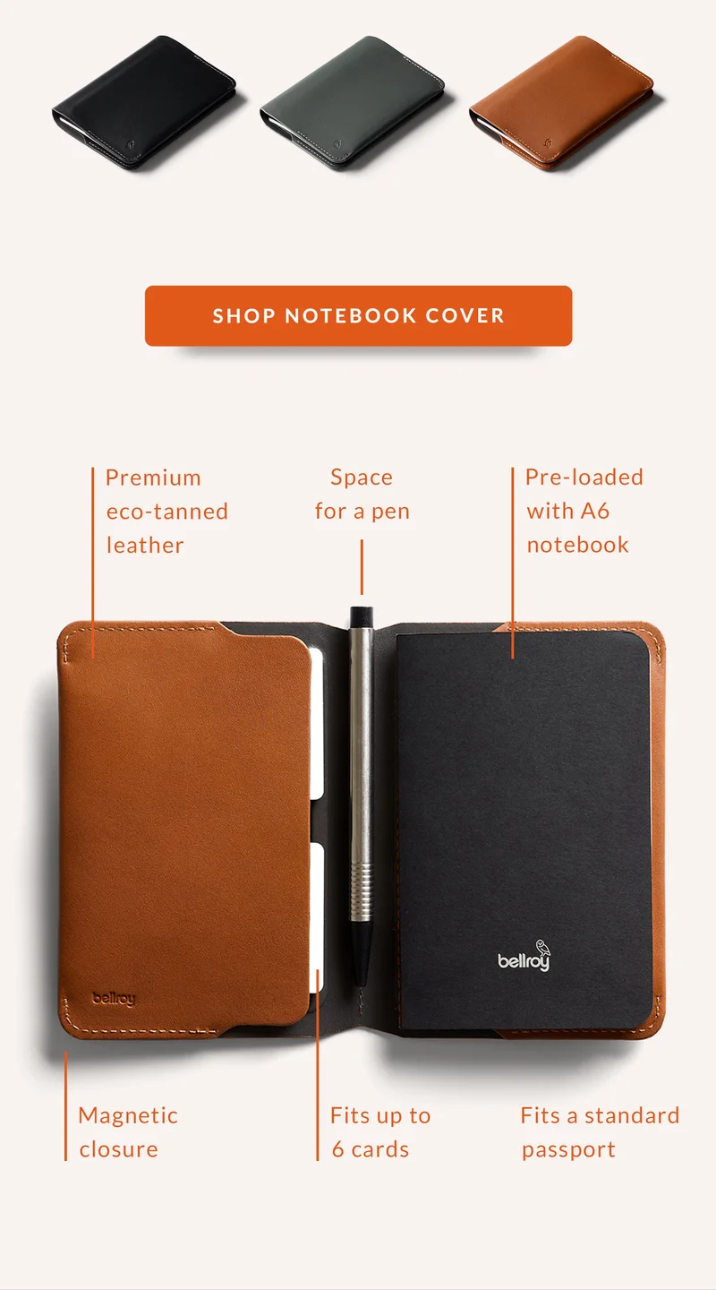 LWG gold-rated leather Fits up to 6 cards Pre-loaded with A6 (3.5” x 5.5”) notebook Fits a standard passport Space for a pen Magnetic closure