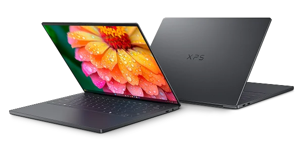 Two XPS 14 Laptop computers arranged back-to-back.