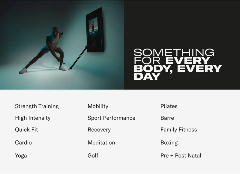 SOMETHING FOR EVERY BODY, EVERY DAY Strength Training High Intensity Quick Fit Cardio Yoga Mobility Sport Performance Recovery Meditation Golf Pilates Barre Family Fitness Boxing Pre + Post Natal