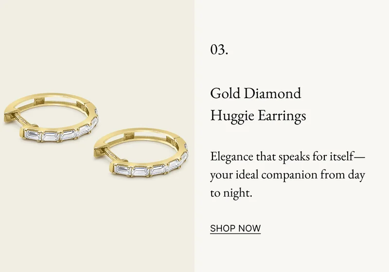 14k Solid Gold Diamond Baguette Huggie Earrings