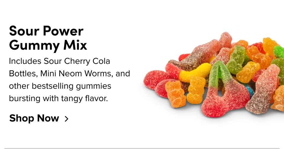 Sour Power Gummy Mix: Includes Sour Cherry Cola Bottles, Mini Neom Worms, and other bestselling gummies bursting with tangy flavor; Shop now