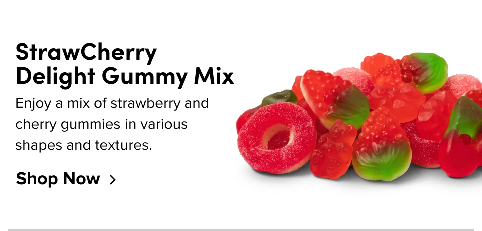 StrawCherry Delight Gummy Mix: Enjoy a mix of strawberry and cherry gummies in various shapes and textures; Shop now