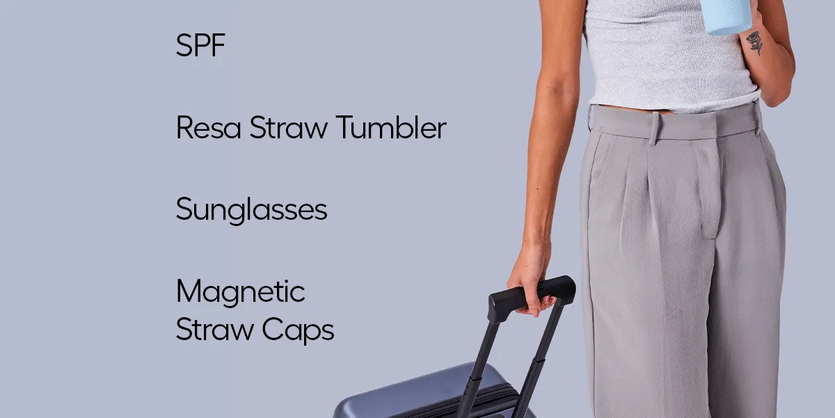 SPF, Resa Straw Tumbler,Sunglasses, and Magnetic Straw Caps.