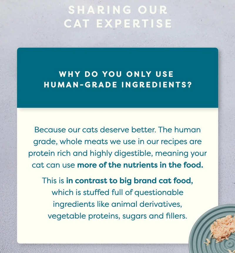Because our cats deserve better. The human grade, whole meats we use in our recipes are protein rich and highly digestible, meaning your cat can use more of the nutrients in the food.  This is in contrast to big brand cat food, which is stuffed full of questionable ingredients like animal derivatives, vegetable proteins, sugars and fillers.