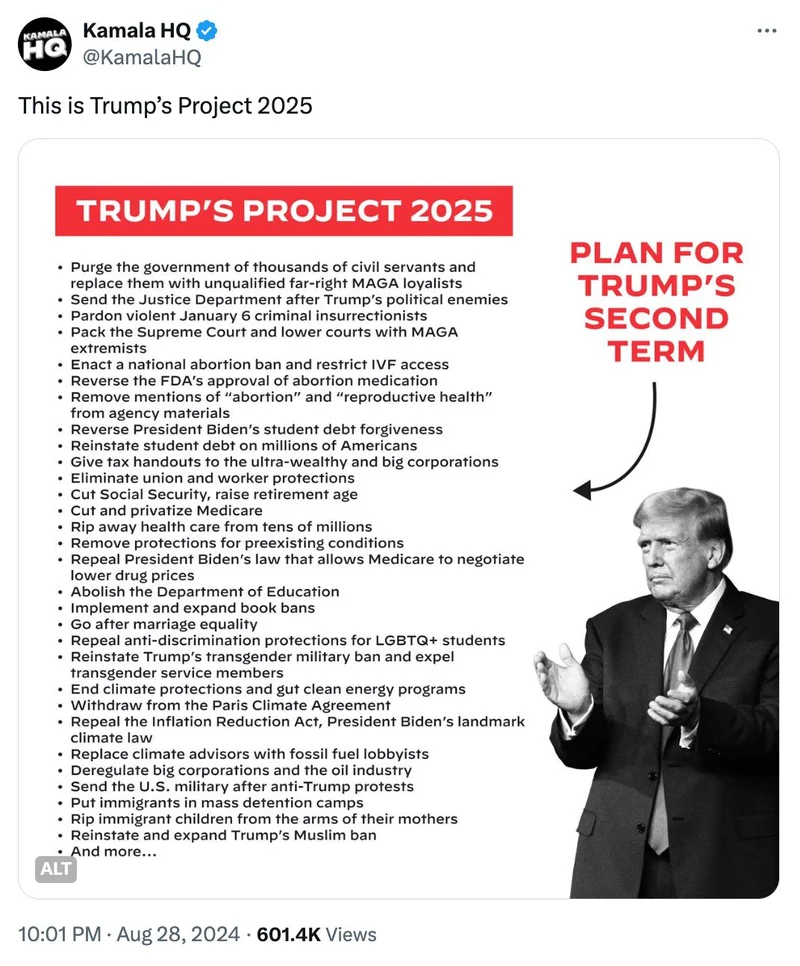 Tweet displaying the main points of Project 2025