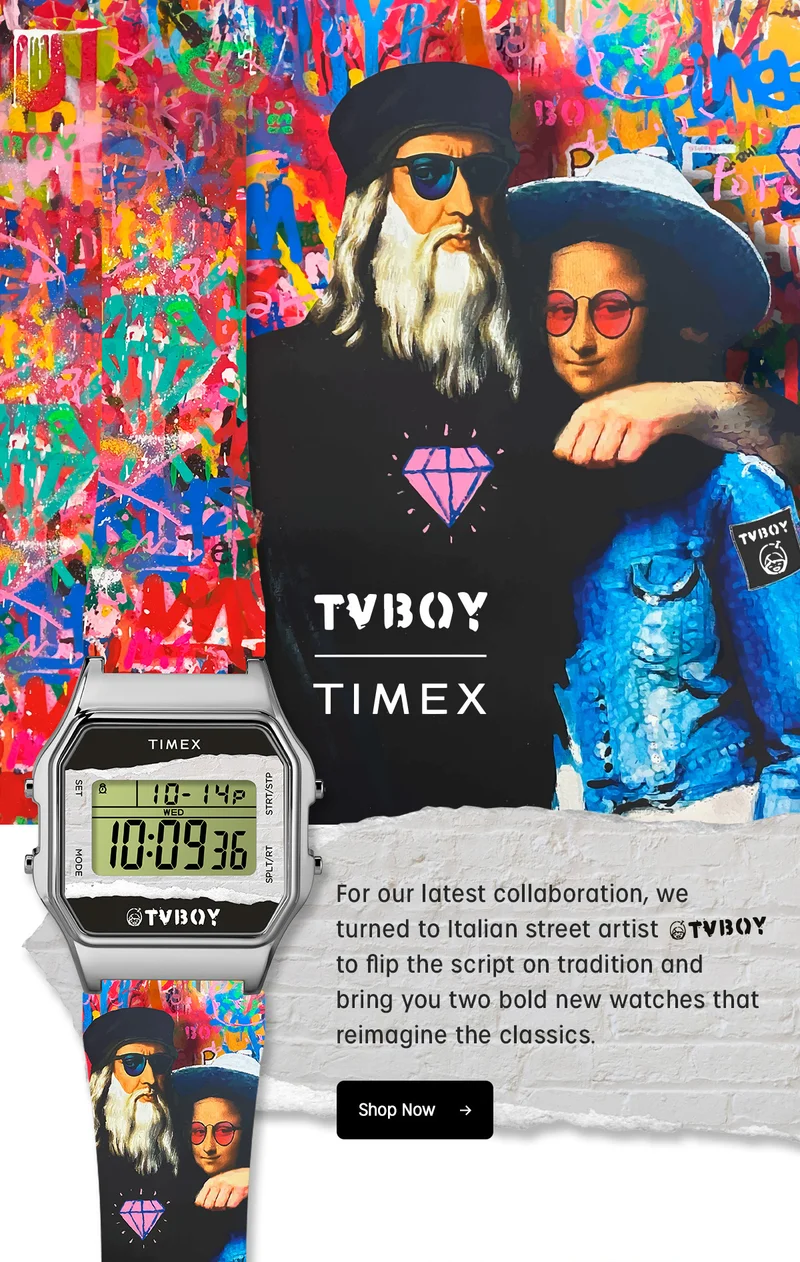 TVBOY TIMEX | For our latest collaboration, we turned to Italian street artist TVBOY to flip the scrip on tradition and bring you two bold new watches that reimagine the classics. | Shop Now