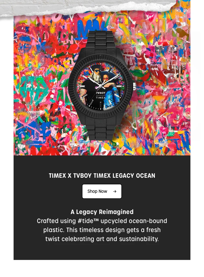 TIMEX X TVBOY TIMEX LEGACY OCEAN | Shop Now | A Legacy Reimagined | Crafted using #tide ocean-bound plastic. This timeless design gets a fresh twist celebrating art and sustainability