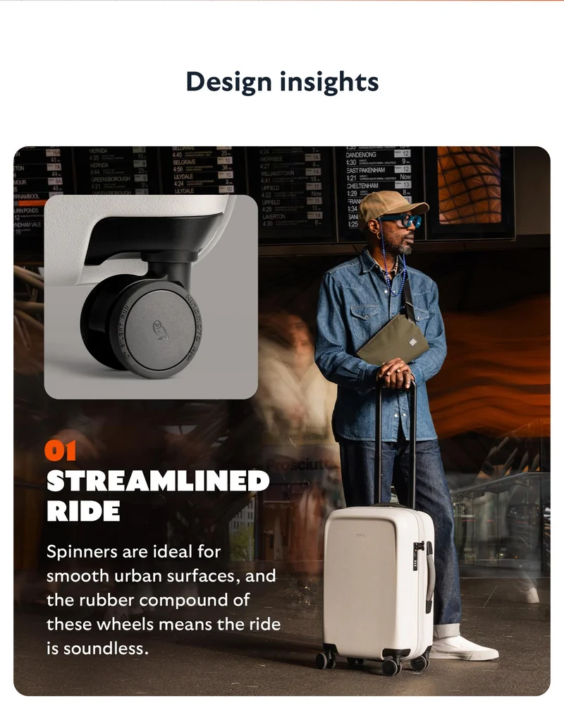 Designed for a streamlined ride. Spinners are ideal for smooth urban surfaces, and the rubber compound of these wheels means the ride is soundless.