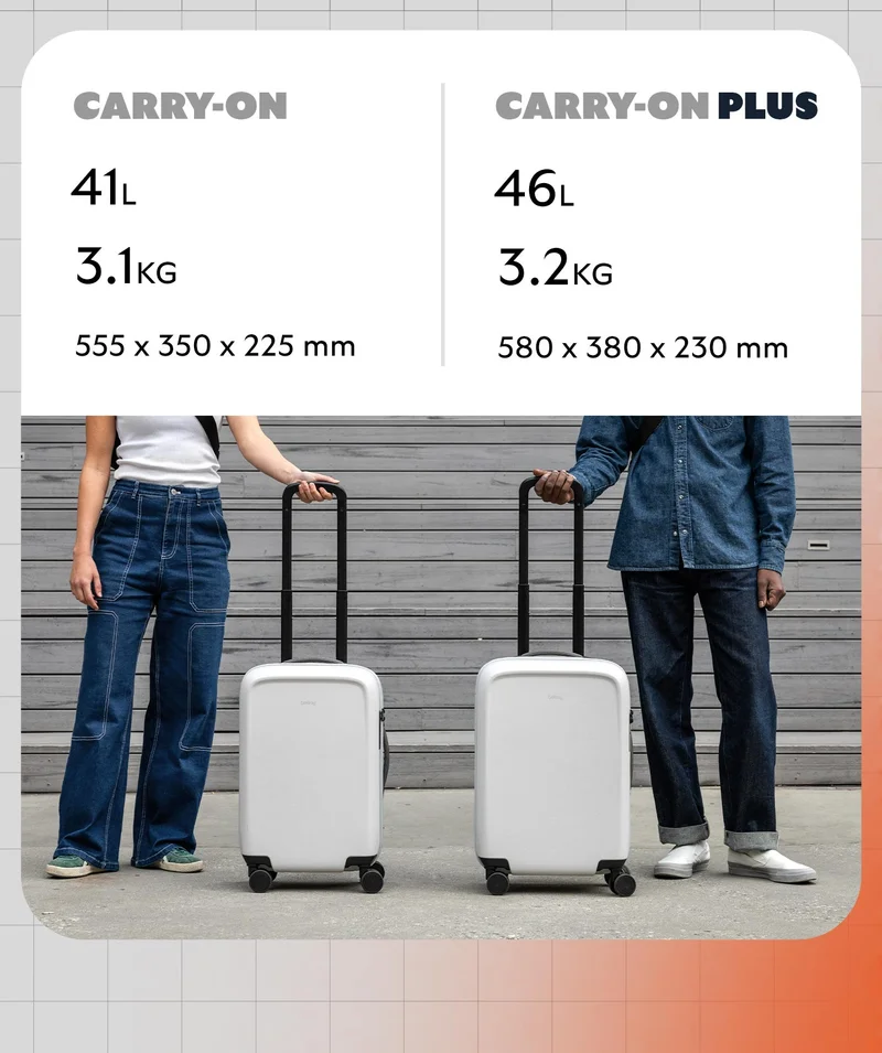Carry-On		41L	3.1kg	555 x 350 x 225 mm Carry-On Plus		46L	3.2kg	580 x 380 x 230 mm