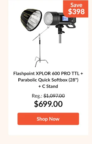 Flashpoint XPLOR 600 PRO TTL + Parabolic Quick Softbox (28inches) + C Stand