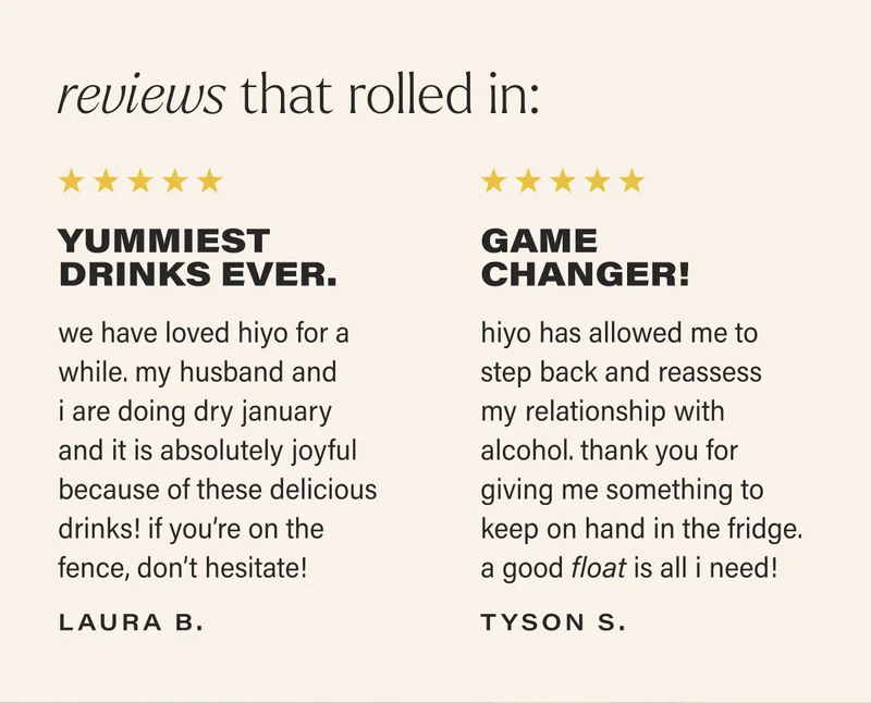 reviews that rolled in: yummiest drinks ever. we have loved hiyo for a while. my husband and  i are doing dry january  and it is absolutely joyful because of these delicious drinks! if you’re on the fence, don’t hesitate! laura b. GAME CHANGER! hiyo has allowed me to step back and reassess my relationship with alcohol. thank you for giving me something to keep on hand in the fridge. a good float is all i need! tyson s.
