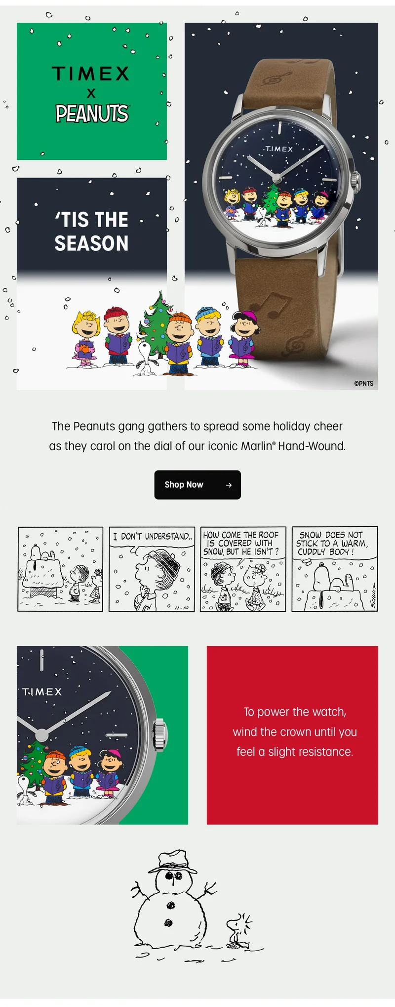 The Peanuts gang gathers to spread some holiday cheer as they carol on the dial of our iconic Marlin Hand-Wound | Shop Now