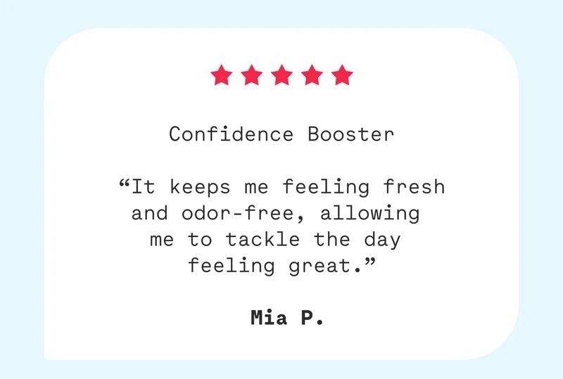Confidence Booster  “It keeps me feeling fresh and odor-free, allowing  me to tackle the day  feeling great.”   Mia P.