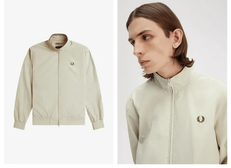 White male model wearing an Oatmeal Brentham Jacket
